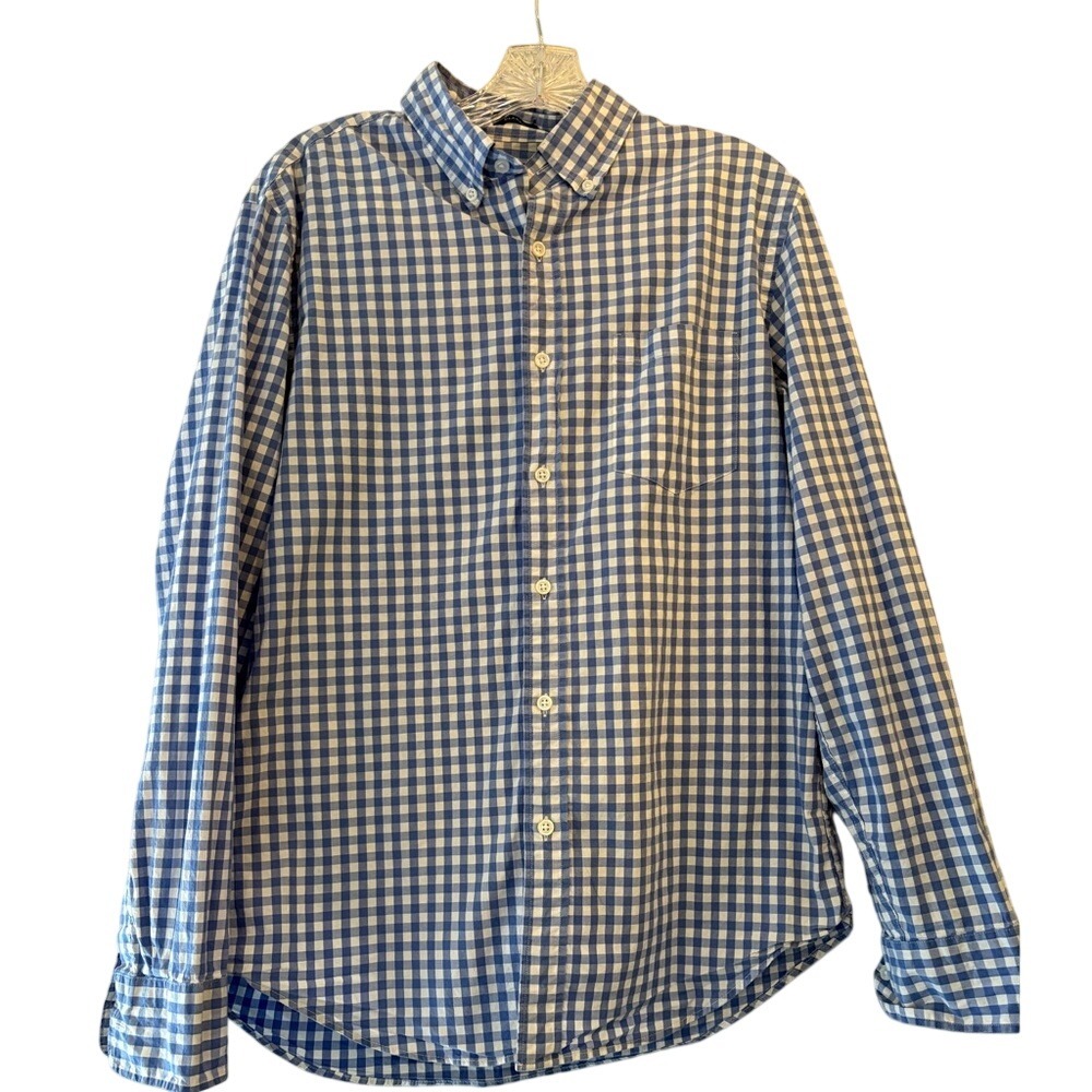 J.Crew Flex Washed Shirt Mens Medium Blue White Gingham Button Down Long Sleeve
